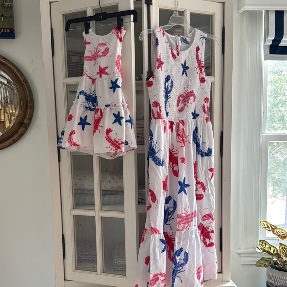 Matching White Dresses with Red and Blue Starfish and Lobster Print- 4th of July